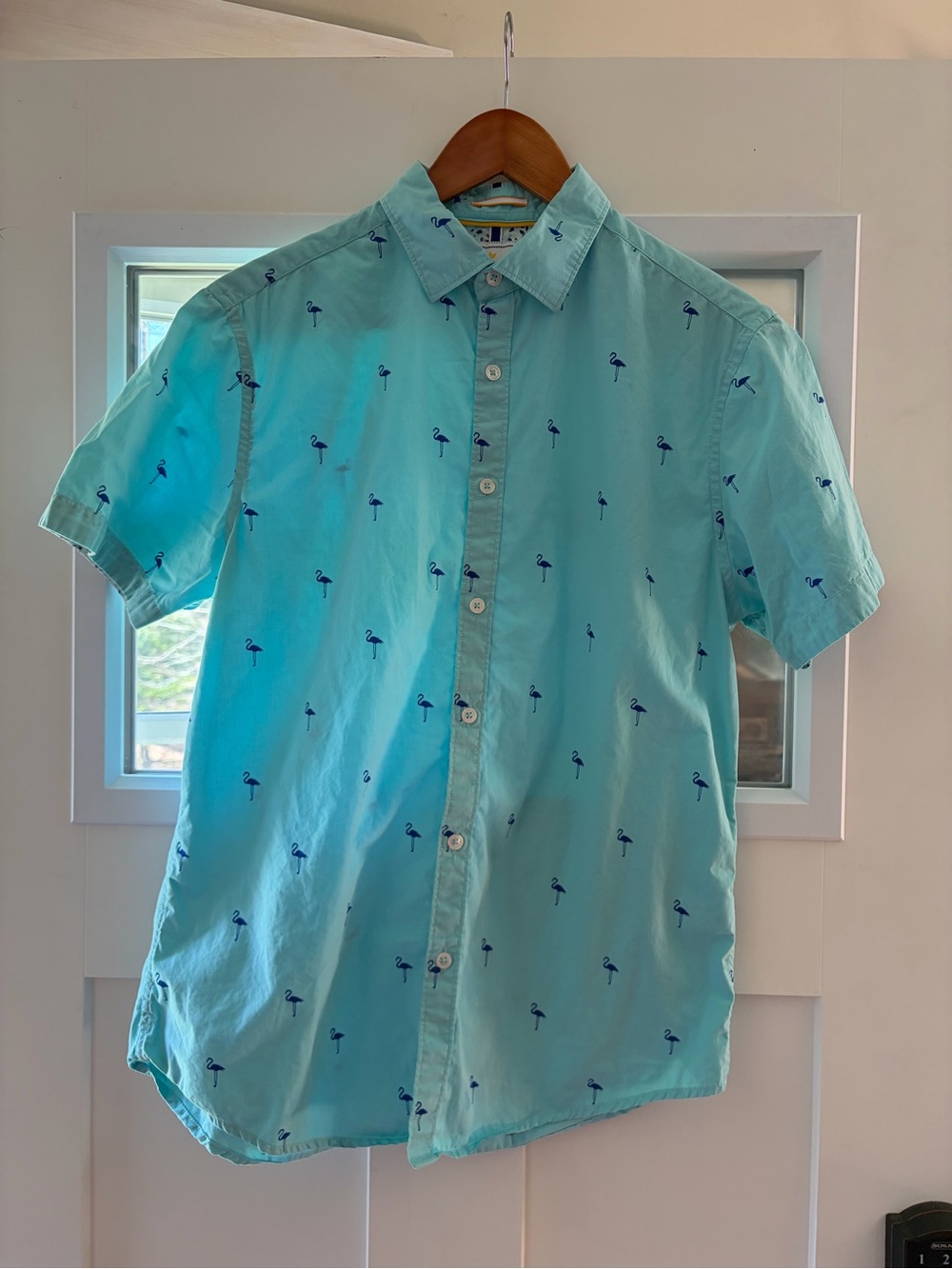 Denim & Flower Mint Short-Sleeve Button-Up Shirt with Navy Flamingo Print